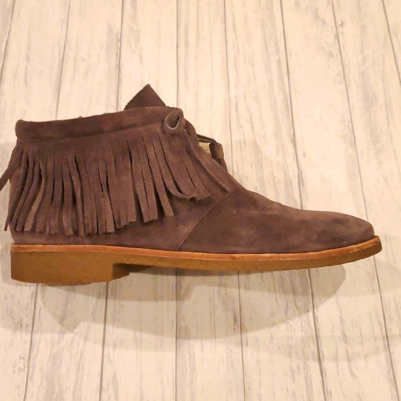 Kate Spade | Gray Suede Bitsy Fringe Ankle Moccasin Booties | Sz 8.5 - Picture 6 of 16